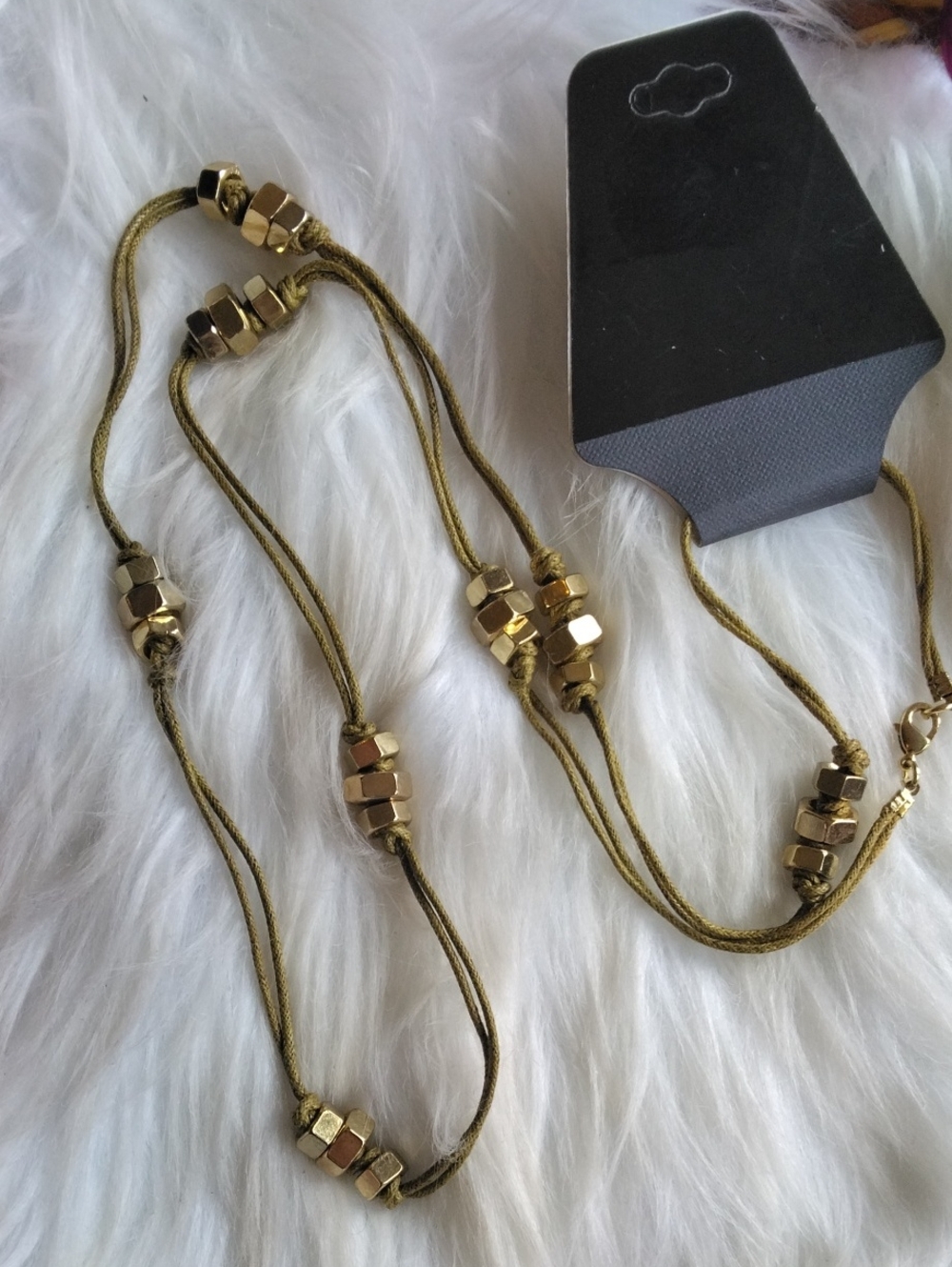 Gold Bead Accent Olive-Green Cord Necklace